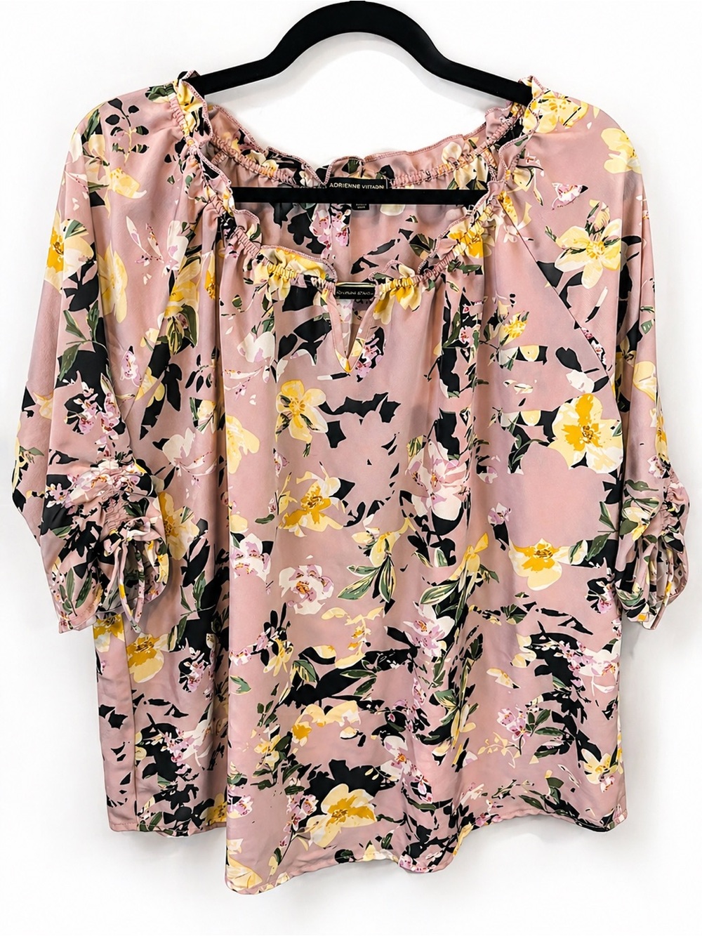 Adrienne Vittadini Pink Floral Blouse XL Boho Ruffle Sleeve Top